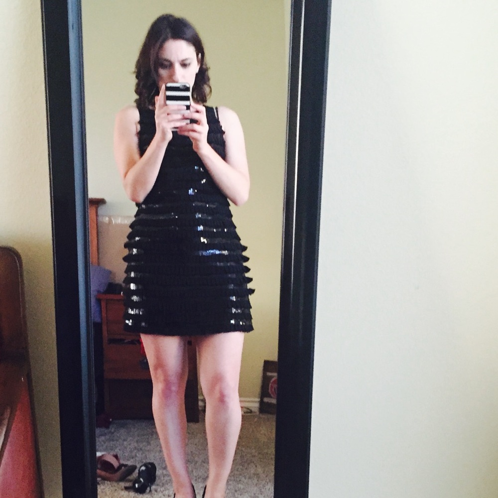 Bebe sequin and ruffle little black dress